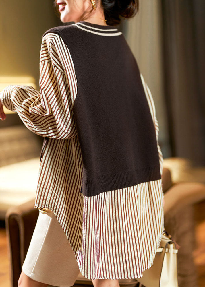 Stylish Black V Neck Striped Knit Patchwork Low High Design Tops Fall