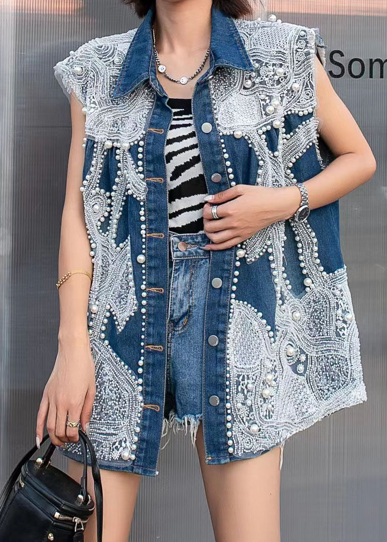 Stylish Blue Embroideried Nail Bead Patchwork Denim Vest Tops Sleeveless