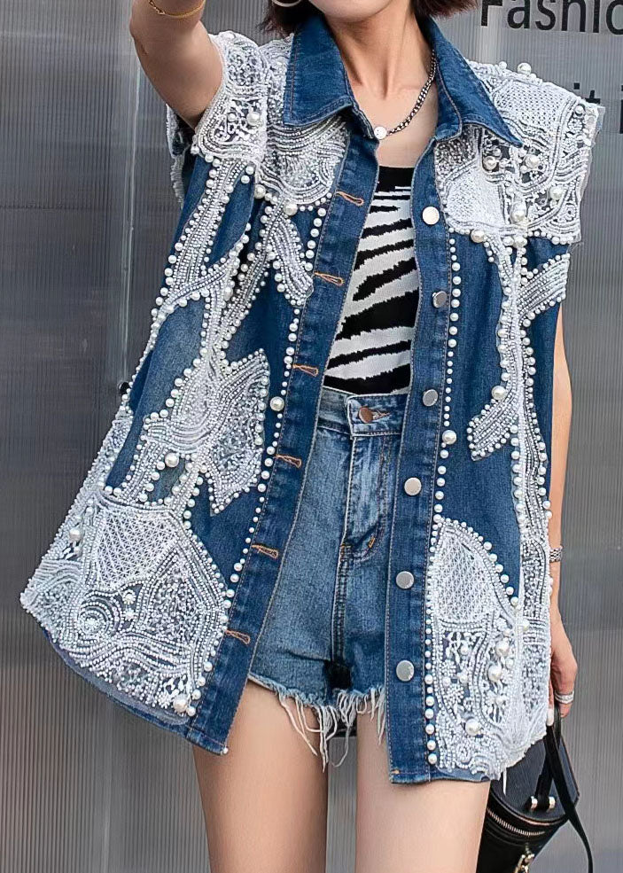Stylish Blue Embroideried Nail Bead Patchwork Denim Vest Tops Sleeveless