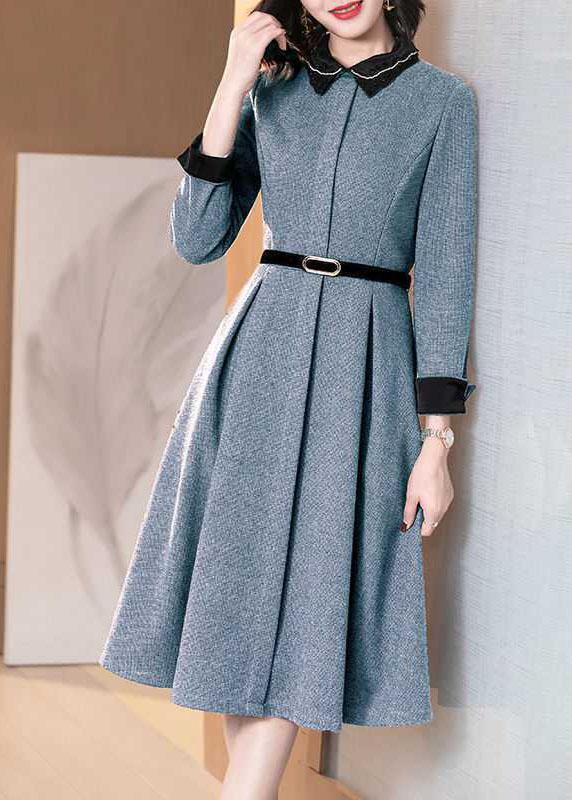 Stylish Blue Embroideried Nail bead zippered Tie Waist  Winter Long sleeve Dresses - Omychic