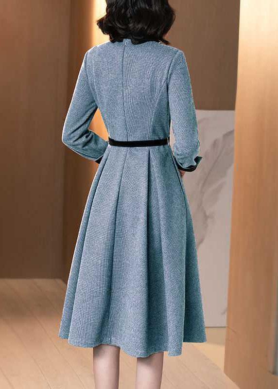 Stylish Blue Embroideried Nail bead zippered Tie Waist  Winter Long sleeve Dresses - Omychic