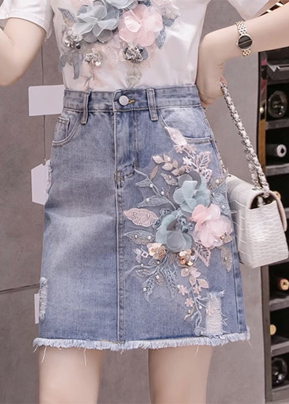 Stylish Blue Floral Patchwork High Waist Nail Bead Denim Skirt