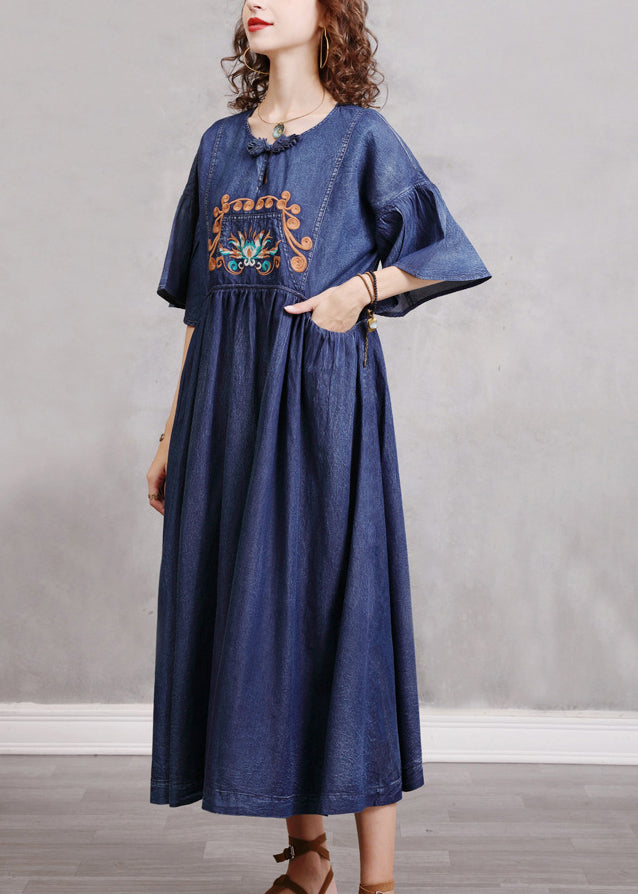 Stylish Blue O-Neck Cinched Embroideried Cotton denim Dresses Butterfly Sleeve