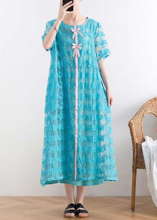 Stylish Blue O-Neck Short Sleeve Summer Lace Dress - Omychic