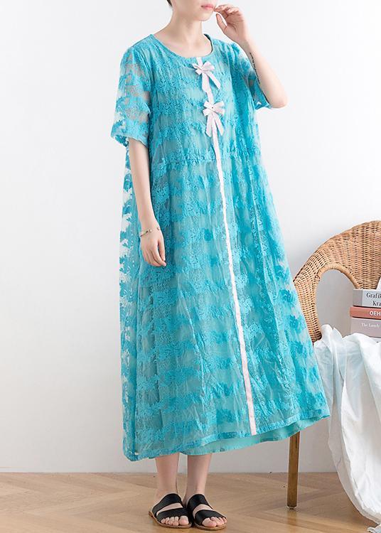 Stylish Blue O-Neck Short Sleeve Summer Lace Dress - Omychic