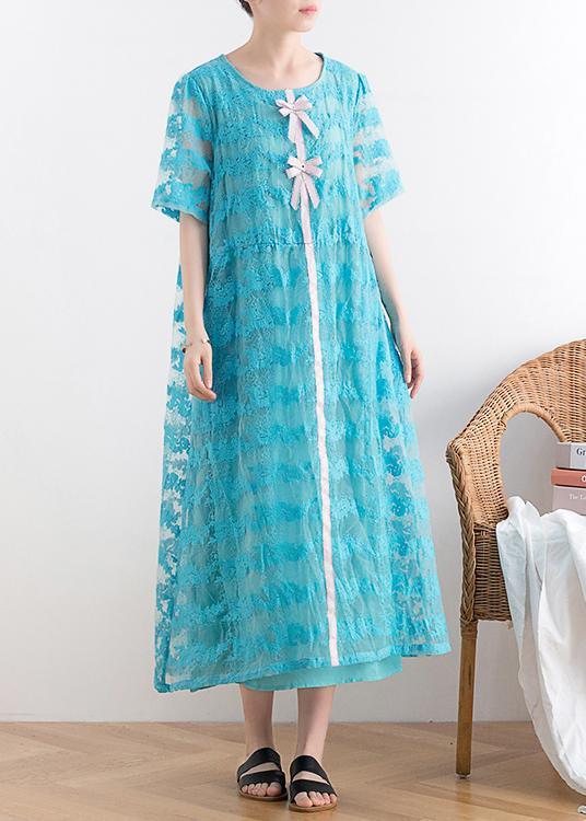 Stylish Blue O-Neck Short Sleeve Summer Lace Dress - Omychic