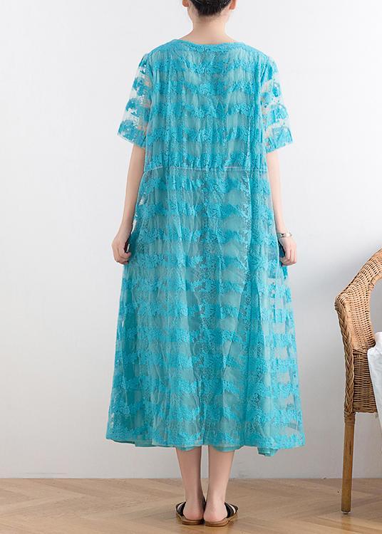 Stylish Blue O-Neck Short Sleeve Summer Lace Dress - Omychic