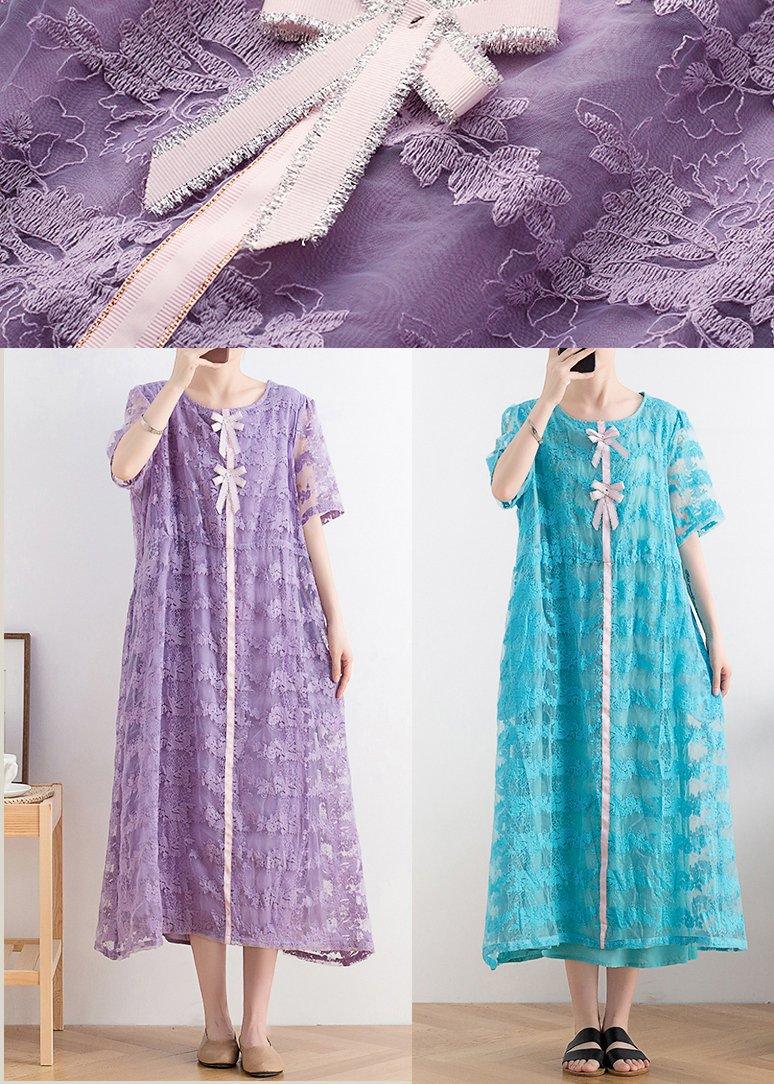 Stylish Blue O-Neck Short Sleeve Summer Lace Dress - Omychic