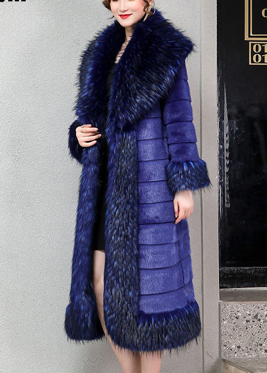 Stylish Blue Oversized Warm Faux Mink Hair Trench Winter