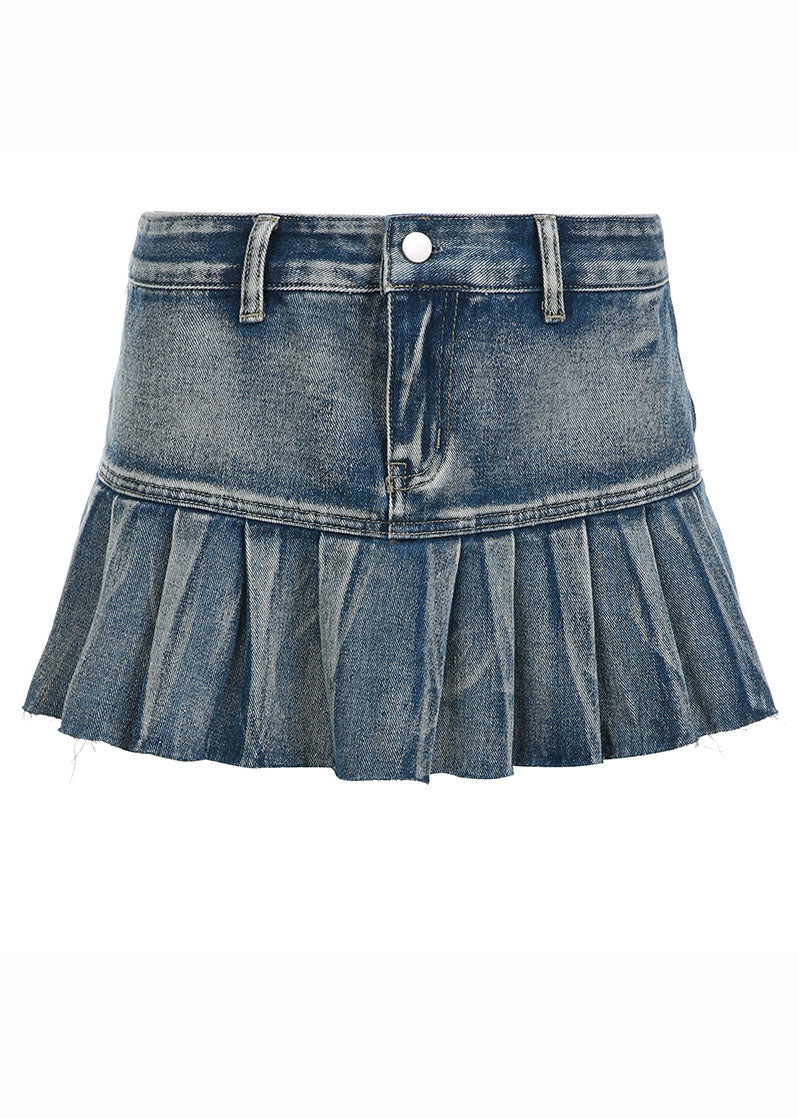 Stylish Blue Patchwork Denim Pleated Skirts Summer