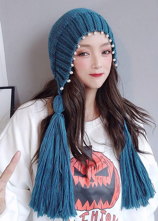 Stylish Blue Pearl Tassel Thick Knit Hat Winter