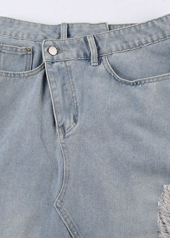 Stylish Blue Pockets Asymmetrical Patchwork Ripped Denim Skirt Summer