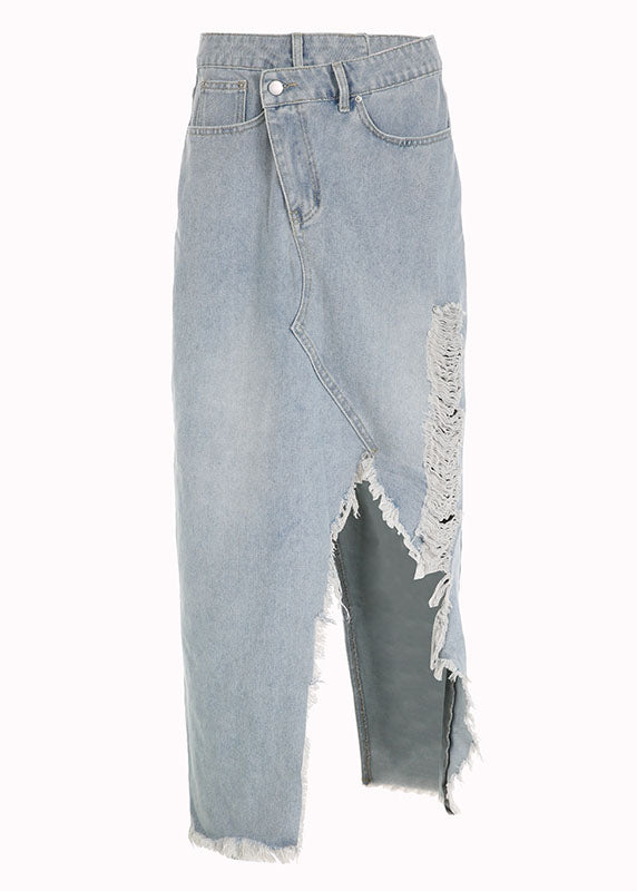 Stylish Blue Pockets Asymmetrical Patchwork Ripped Denim Skirt Summer