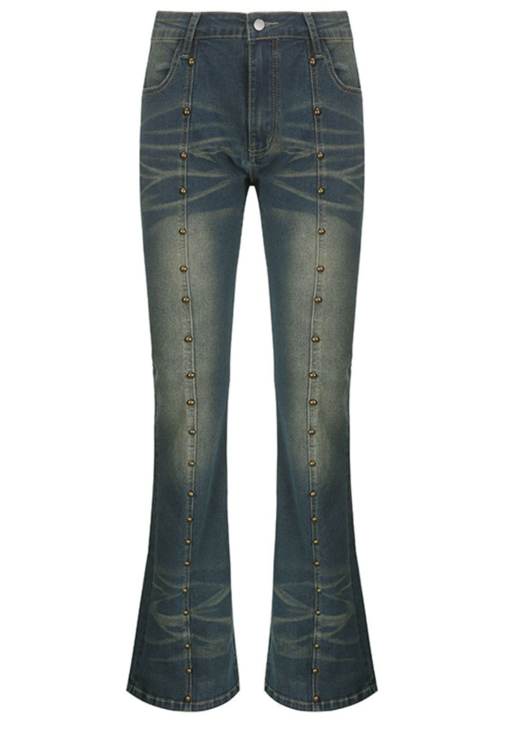 Stylish Blue Pockets Rivet Patchwork Denim Flare Bottoms Fall