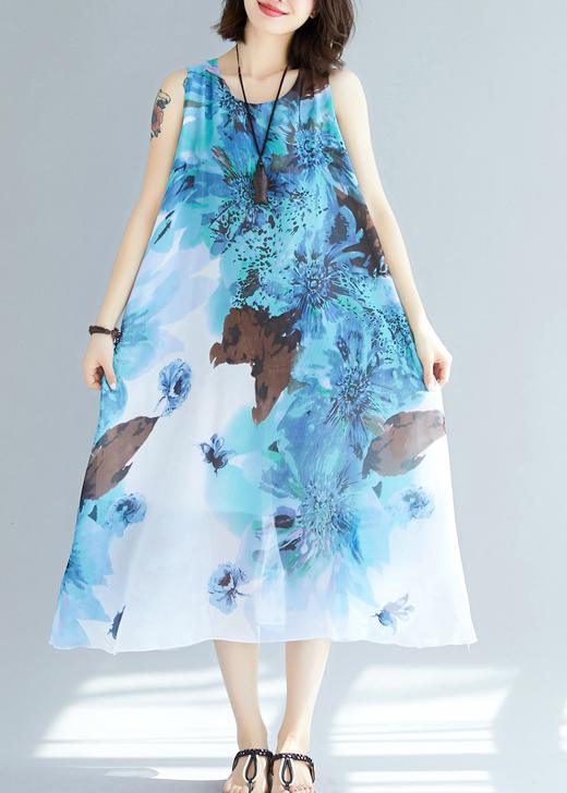 Stylish Blue Print Chiffon Sleeveless Summer Vacation Dress - Omychic