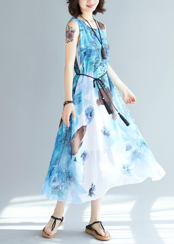 Stylish Blue Print Chiffon Sleeveless Summer Vacation Dress - Omychic