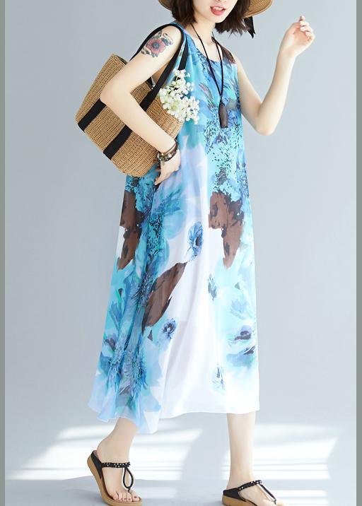 Stylish Blue Print Chiffon Sleeveless Summer Vacation Dress - Omychic