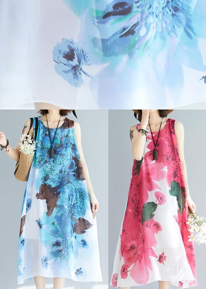 Stylish Blue Print Chiffon Sleeveless Summer Vacation Dress - Omychic