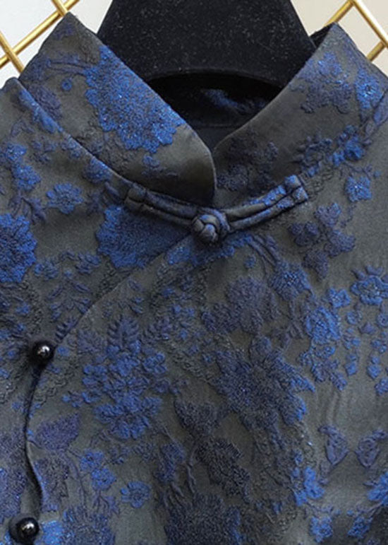 Stylish Blue Stand Collar Jacquard Slim Fit Silk Vest Sleeveless