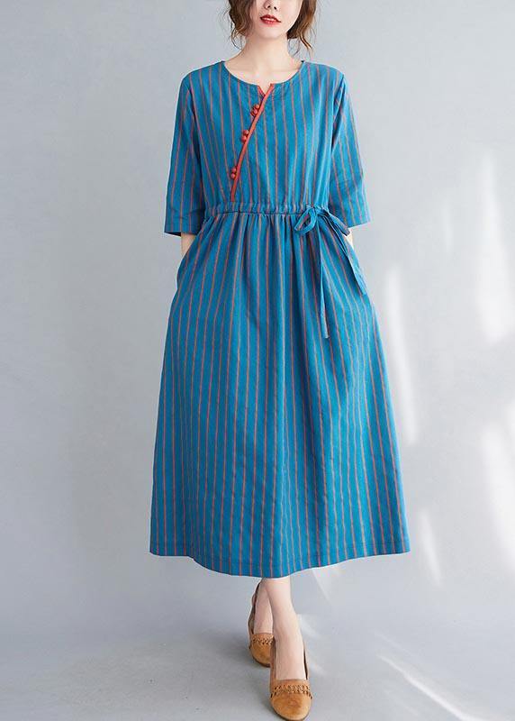 Stylish Blue Striped tie waist Long Summer Cotton Dress - Omychic