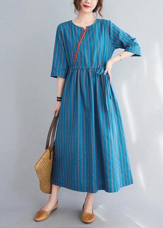 Stylish Blue Striped tie waist Long Summer Cotton Dress - Omychic