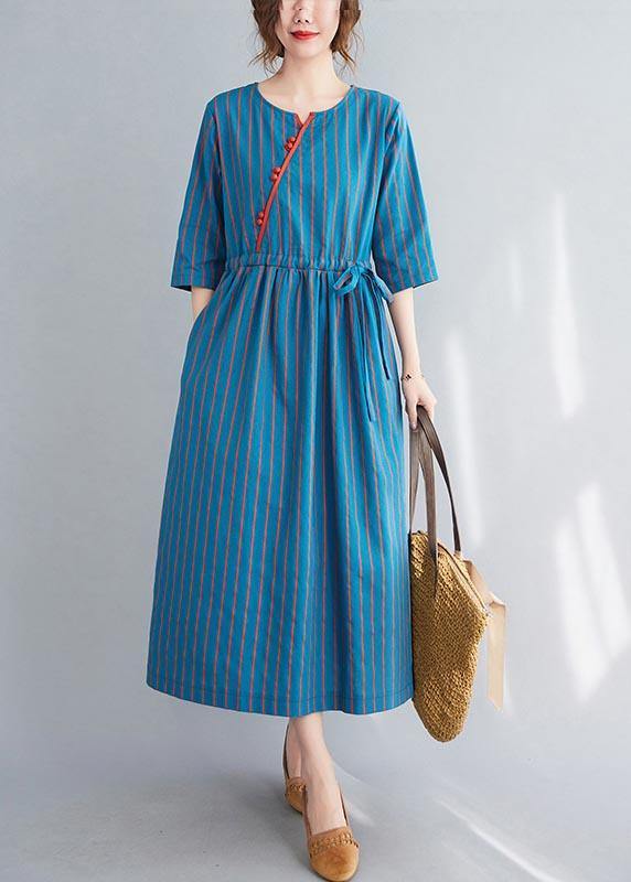 Stylish Blue Striped tie waist Long Summer Cotton Dress - Omychic