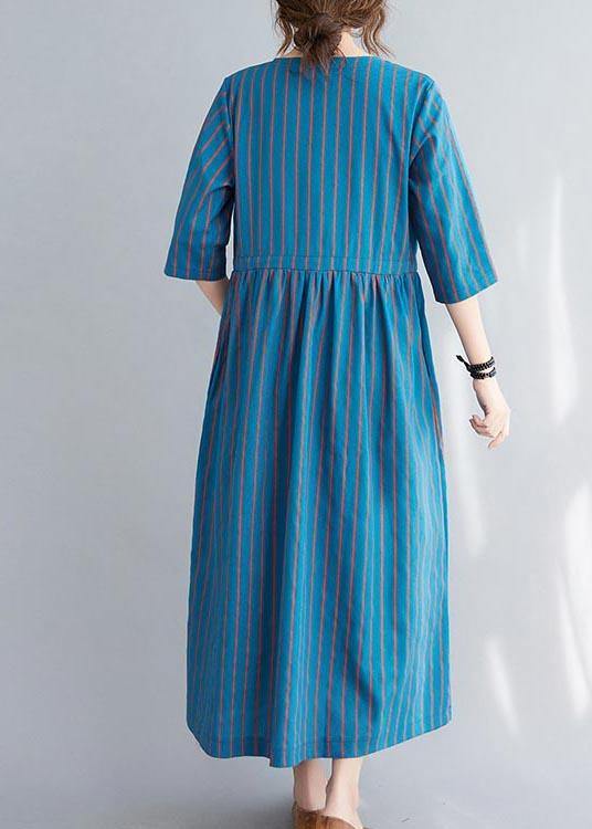 Stylish Blue Striped tie waist Long Summer Cotton Dress - Omychic