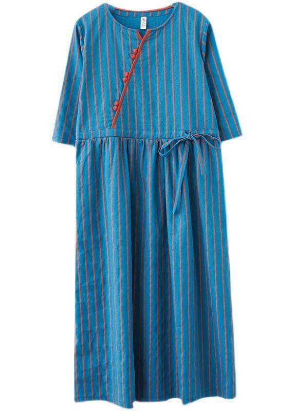 Stylish Blue Striped tie waist Long Summer Cotton Dress - Omychic