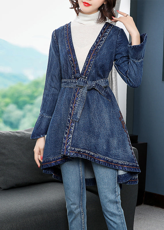 Stylish Blue V Neck Embroideried Tie Waist Cotton Denim Trench Coats Long Sleeve