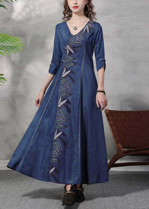 Stylish Blue V Neck Leaf Embroideried Cotton Denim Maxi Dress Half Sleeve