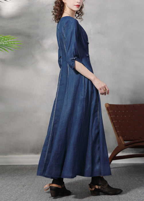 Stylish Blue V Neck Leaf Embroideried Cotton Denim Maxi Dress Half Sleeve