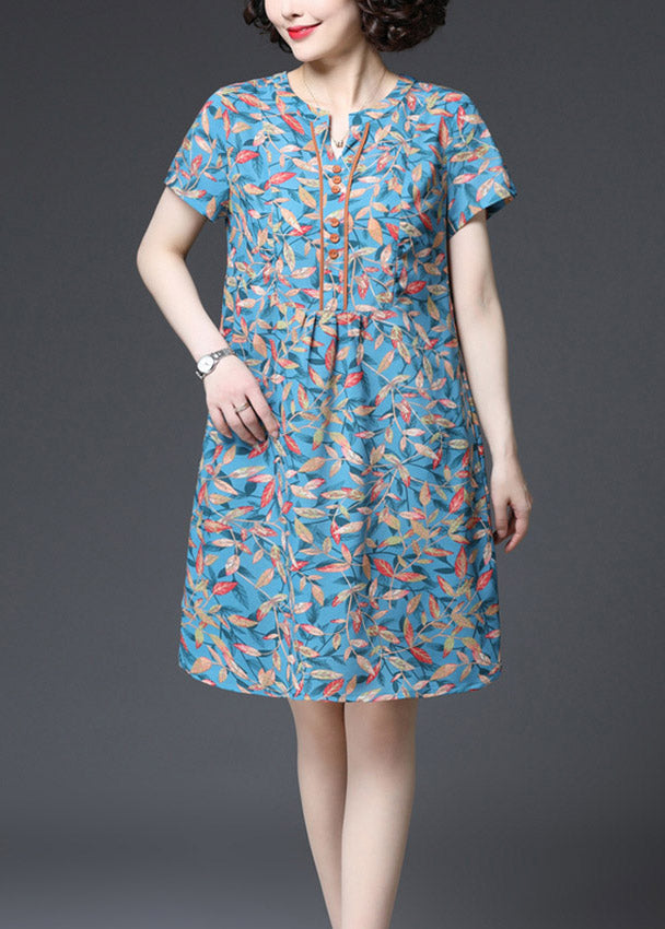 Stylish Blue V Neck Print Button Pockets Dresses Short Sleeve