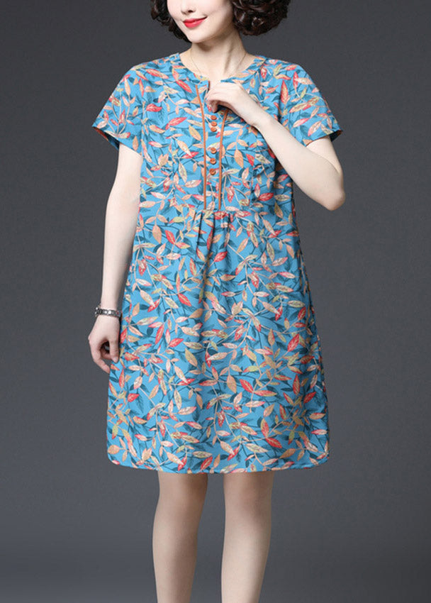 Stylish Blue V Neck Print Button Pockets Dresses Short Sleeve