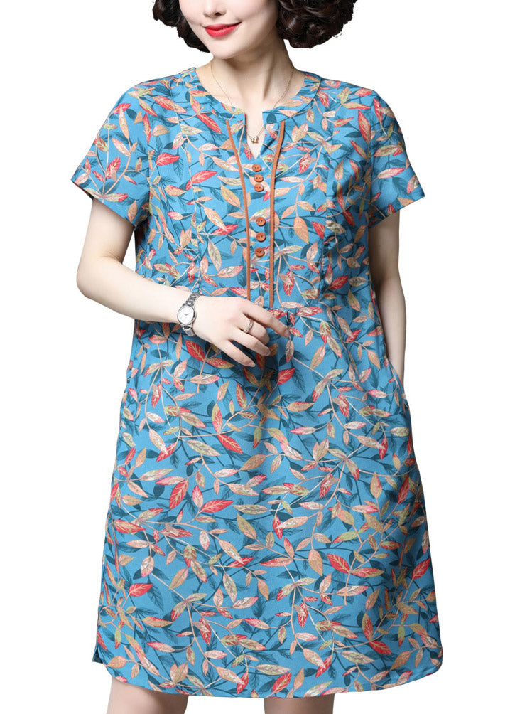 Stylish Blue V Neck Print Button Pockets Dresses Short Sleeve