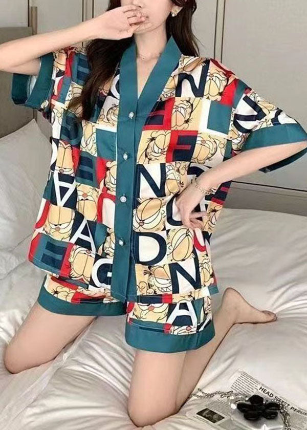 Stylish Blue V Neck Print Patchwork Ice Silk Two Piece Pajamas Summer