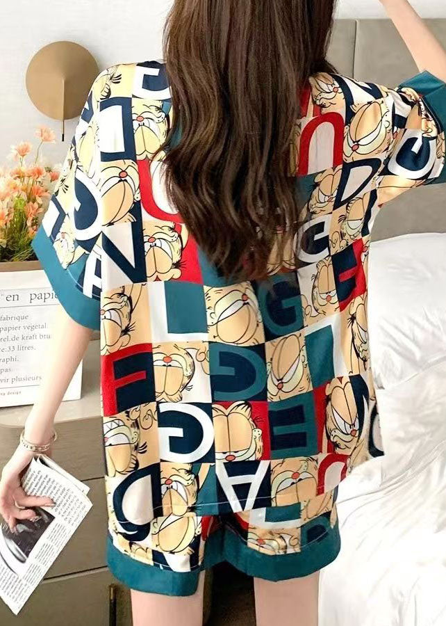 Stylish Blue V Neck Print Patchwork Ice Silk Two Piece Pajamas Summer