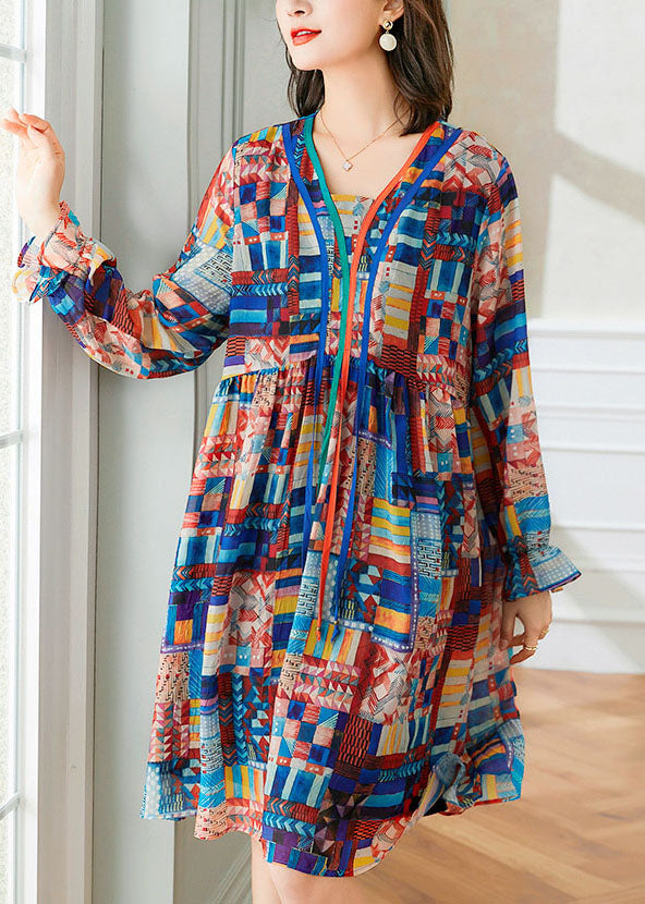 Stylish Blue V Neck Wrinkled Print Patchwork Chiffon Mid Dress Spring