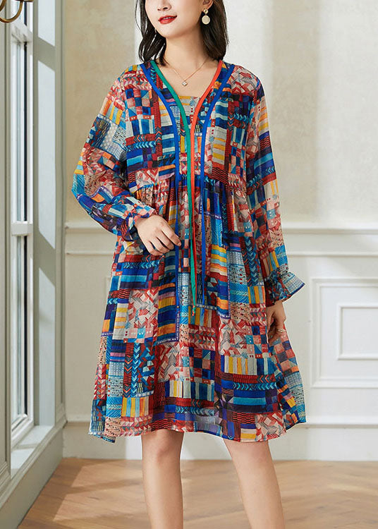 Stylish Blue V Neck Wrinkled Print Patchwork Chiffon Mid Dress Spring