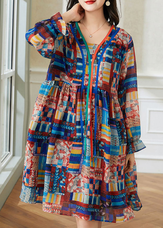 Stylish Blue V Neck Wrinkled Print Patchwork Chiffon Mid Dress Spring