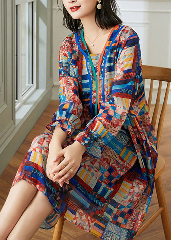 Stylish Blue V Neck Wrinkled Print Patchwork Chiffon Mid Dress Spring