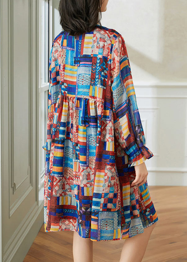 Stylish Blue V Neck Wrinkled Print Patchwork Chiffon Mid Dress Spring