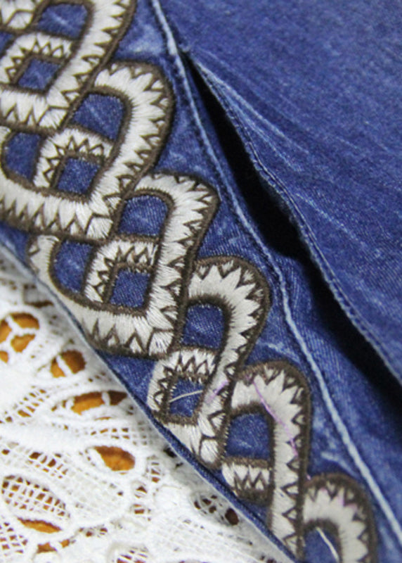 Stylish Blue wrinkled Embroideried Spaghetti Strap Cotton Denim Dresses Spring