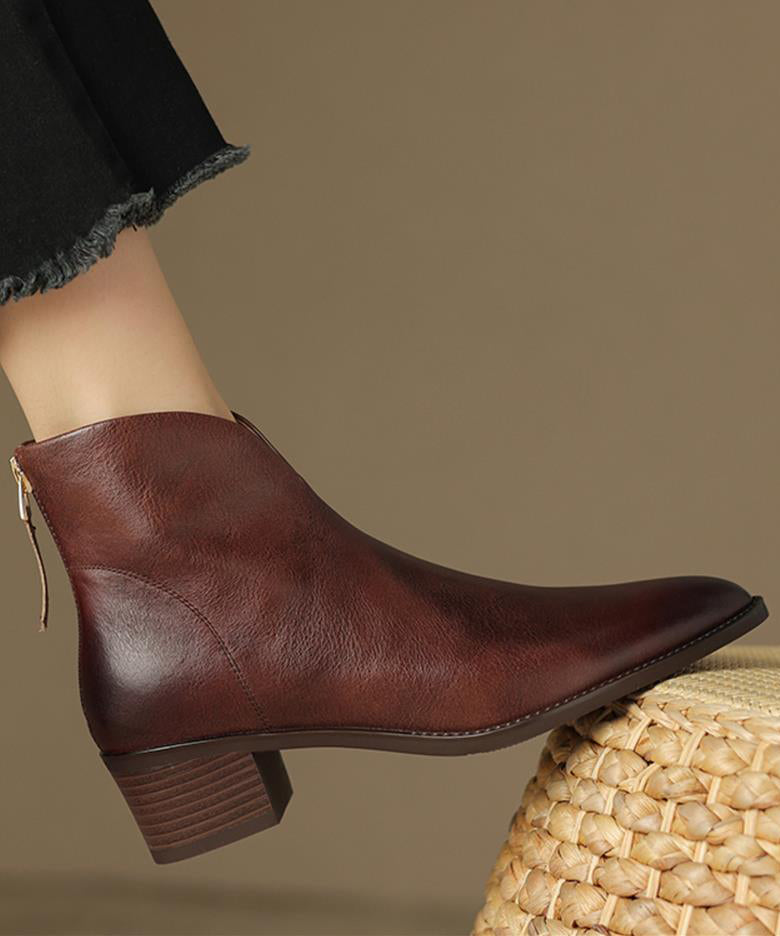 Stylish Brown Boots Chunky Faux Leather Pointed Toe