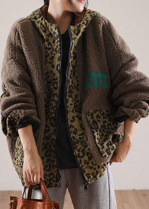 Stylish Brown Hooded Patchwork Leopard Faux Fur Jackets Winter - Omychic