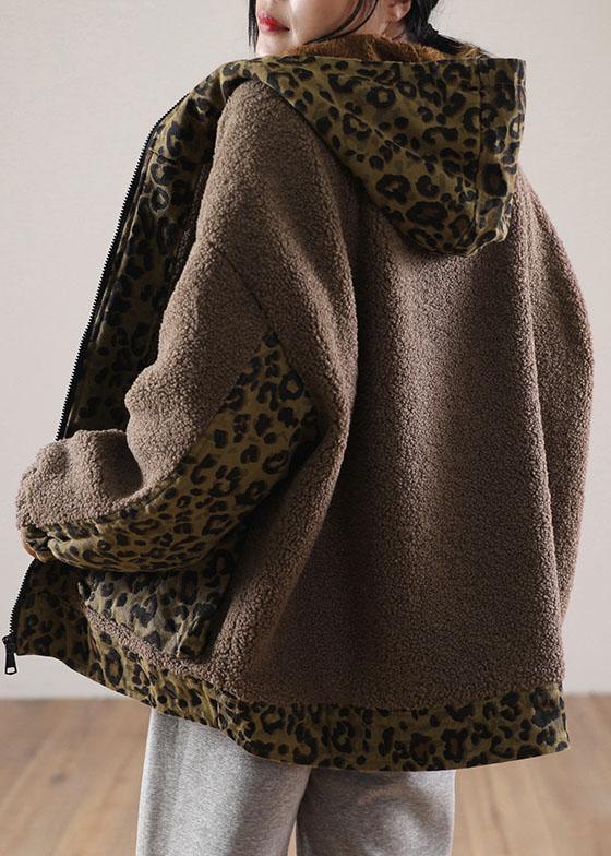 Stylish Brown Hooded Patchwork Leopard Faux Fur Jackets Winter - Omychic