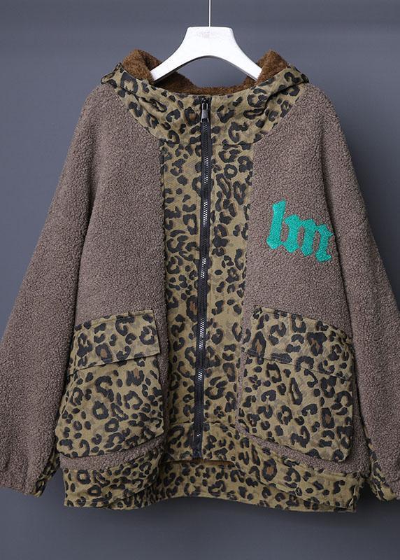 Stylish Brown Hooded Patchwork Leopard Faux Fur Jackets Winter - Omychic