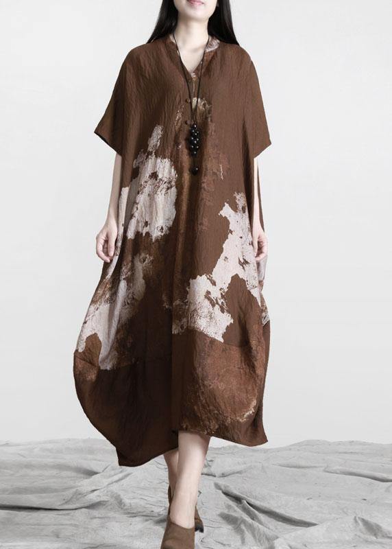 Stylish Brown Print Button Cotton Summer Long Dresses - Omychic