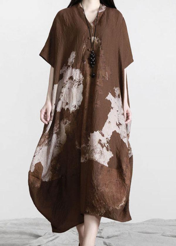 Stylish Brown Print Button Cotton Summer Long Dresses - Omychic