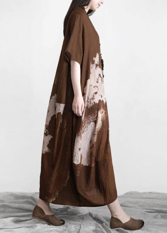 Stylish Brown Print Button Cotton Summer Long Dresses - Omychic