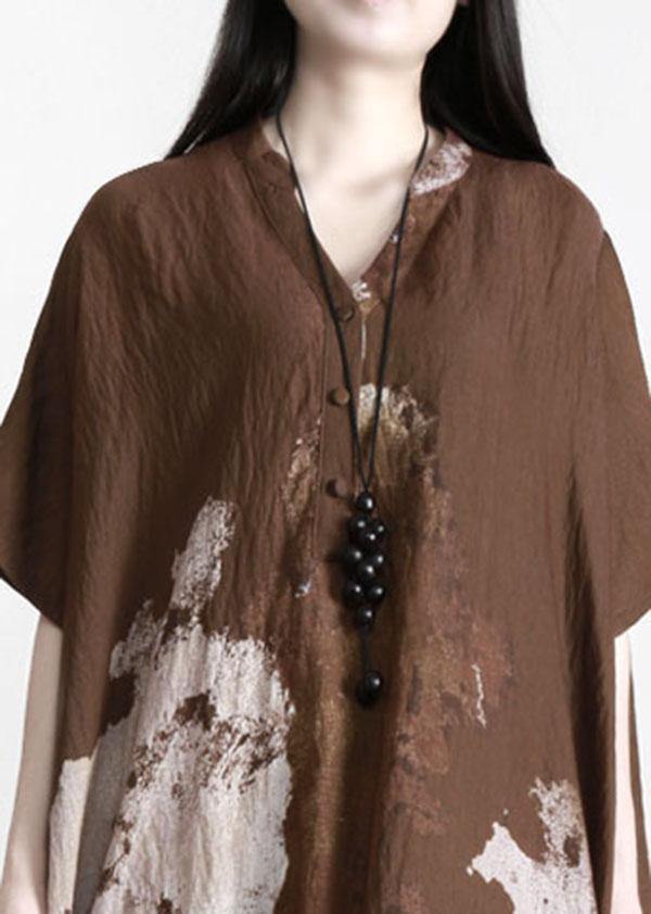 Stylish Brown Print Button Cotton Summer Long Dresses - Omychic